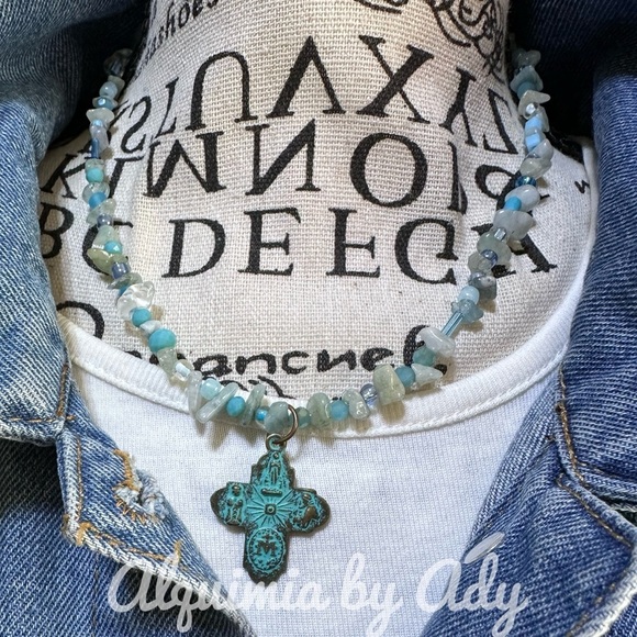 Aquamarine rustic cross vintage style charm necklace beaded - Picture 3 of 3